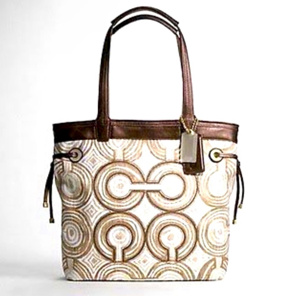 COACH AUDREY OP ART SWIRL LEIGH SLIM LARGE TOTE HANDBAG TAN BROWN BRONZE